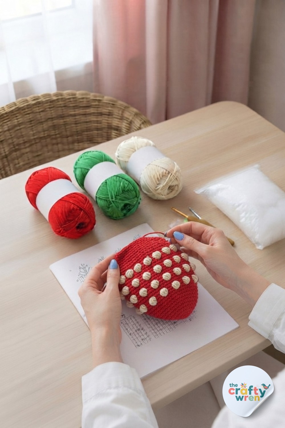 The unstuffed strawberry shell shows the full bobble pattern of the 3D strawberry bobble crochet stitch before shaping.