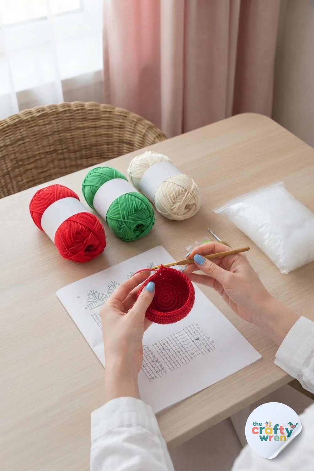 Hands crochet the red spiral base, the first rounds of the 3D strawberry bobble crochet stitch shape.