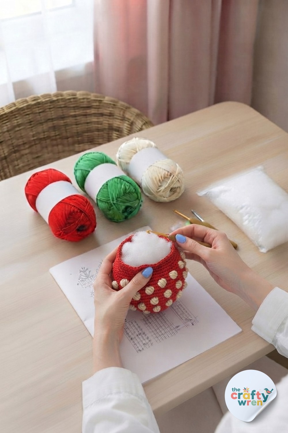 Polyester stuffing fills the bobbled shell, rounding out the 3D strawberry bobble crochet stitch cushion.