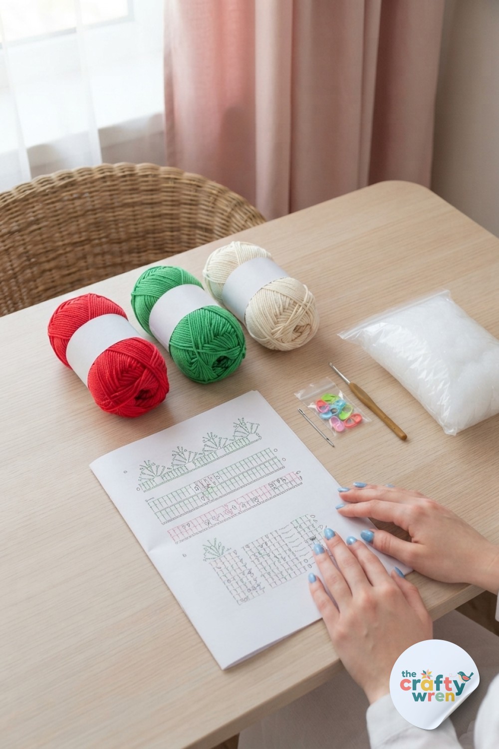 Cotton yarn in red, green, cream, hook and chart ready for the 3D strawberry bobble crochet stitch.