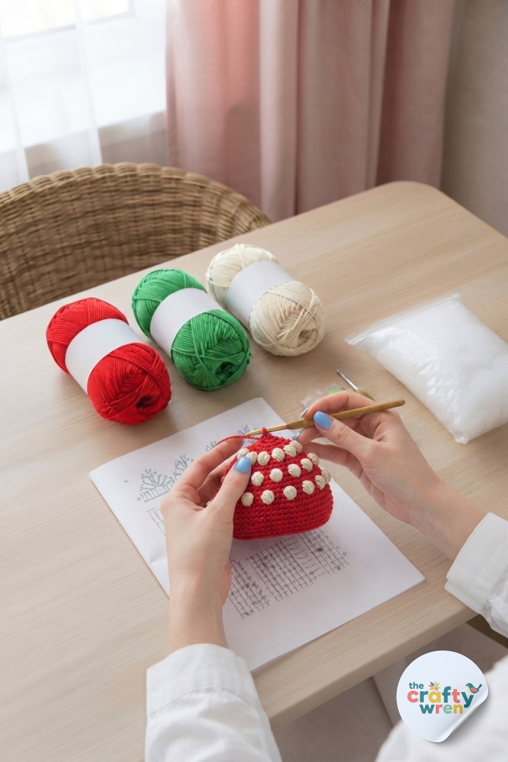 Cream bobble clusters form on the red dome, building the seeds of the 3D strawberry bobble crochet stitch.