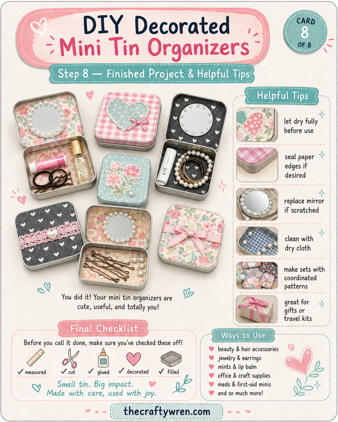 Eight finished altoid tin makeup kit organizers styled together on a craft table
