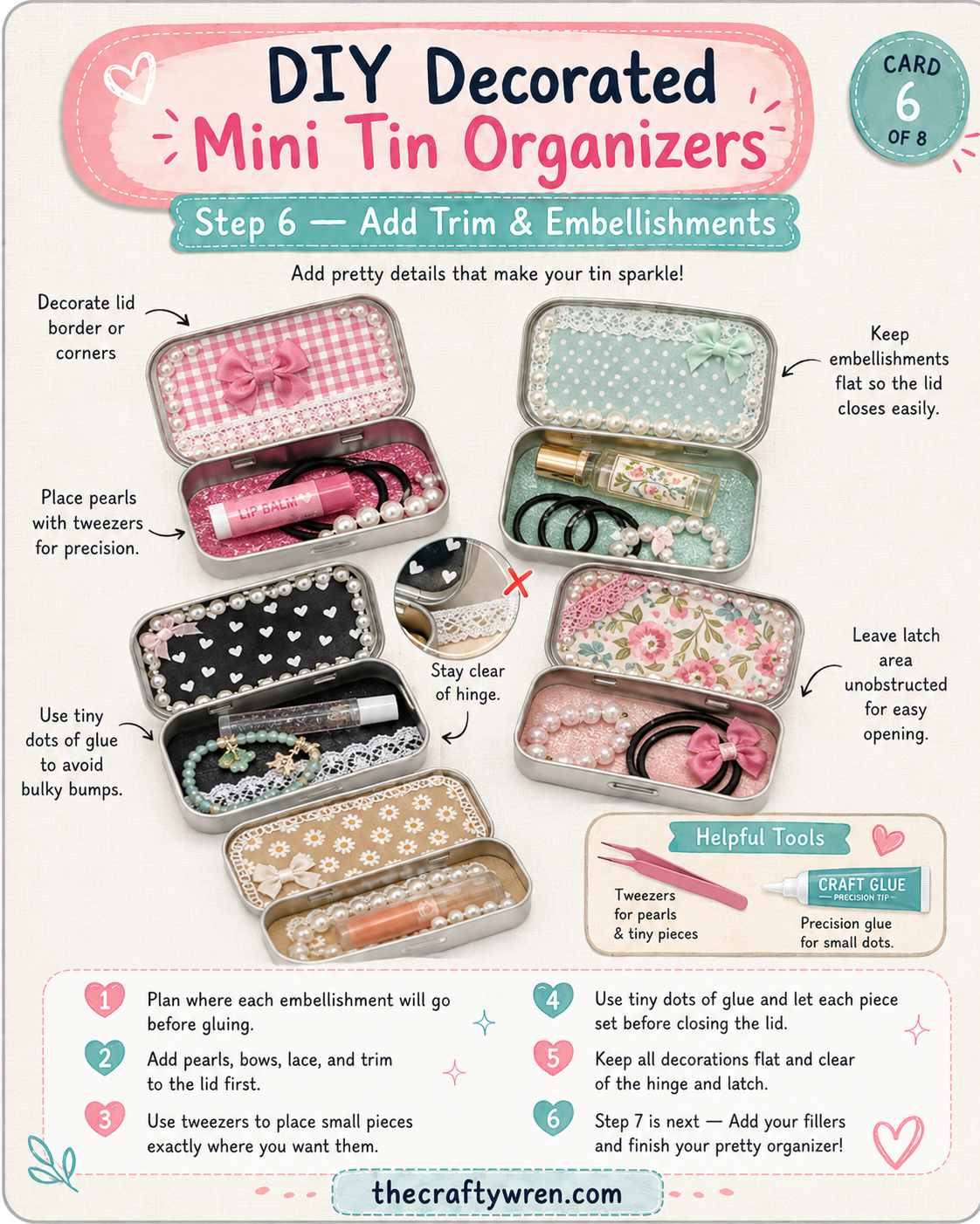 Adding pearls, bows, and lace trim to decorate an altoid tin makeup kit lid