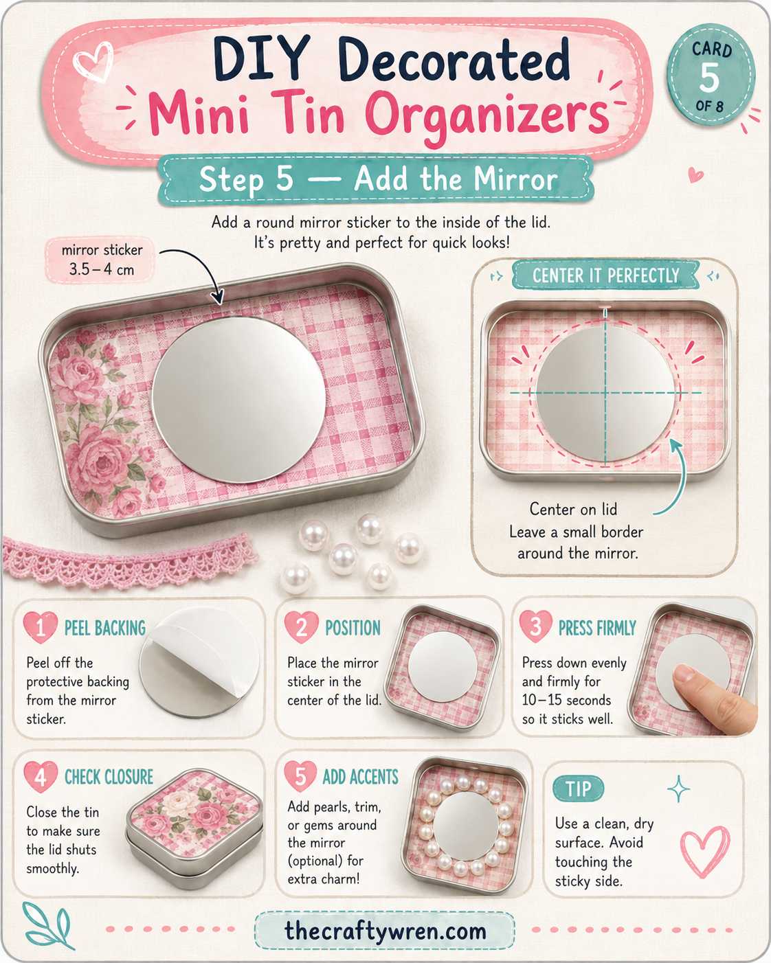 Centering a round mirror sticker inside the lid of a decorated altoid tin makeup kit