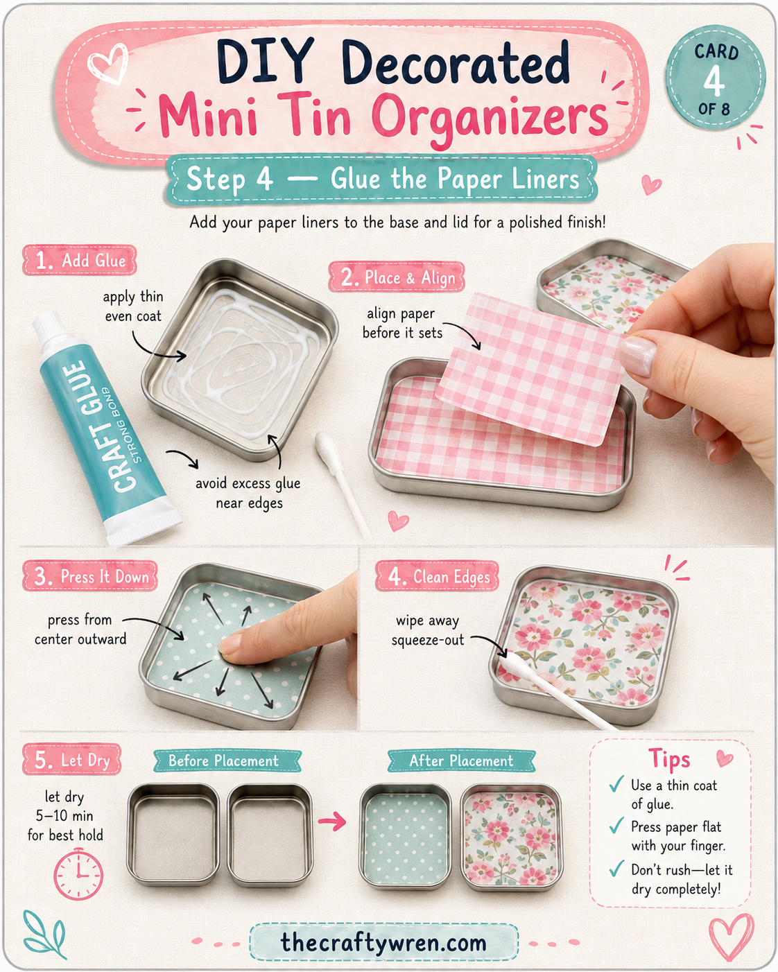 Gluing patterned paper liners inside an altoid tin makeup kit base for a polished finish
