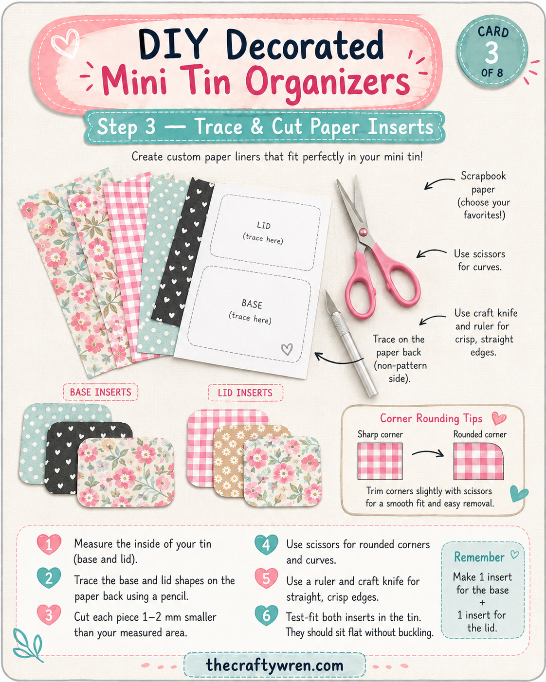 Tracing and cutting floral paper liners to fit an altoid tin makeup kit base and lid