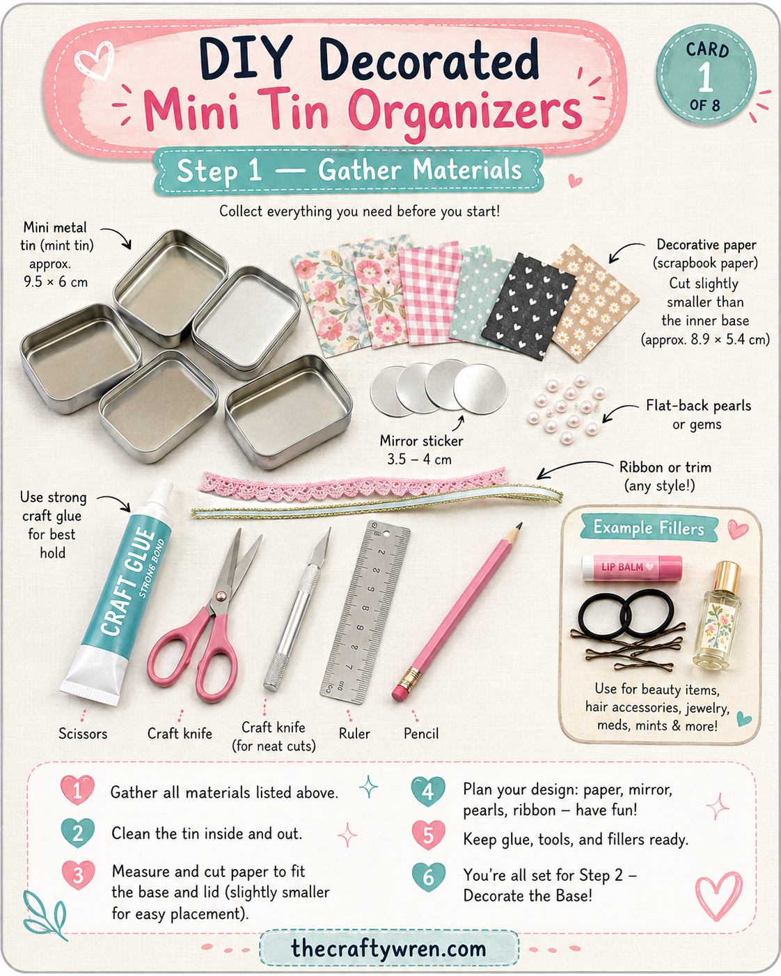 Flat lay of altoid tin makeup kit supplies including mini tins, scrapbook paper, and craft glue