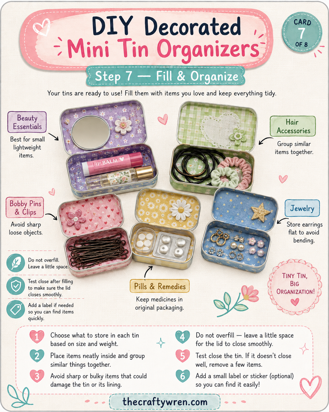 Filling a finished altoid tin makeup kit with lip balm, bobby pins, and small jewelry