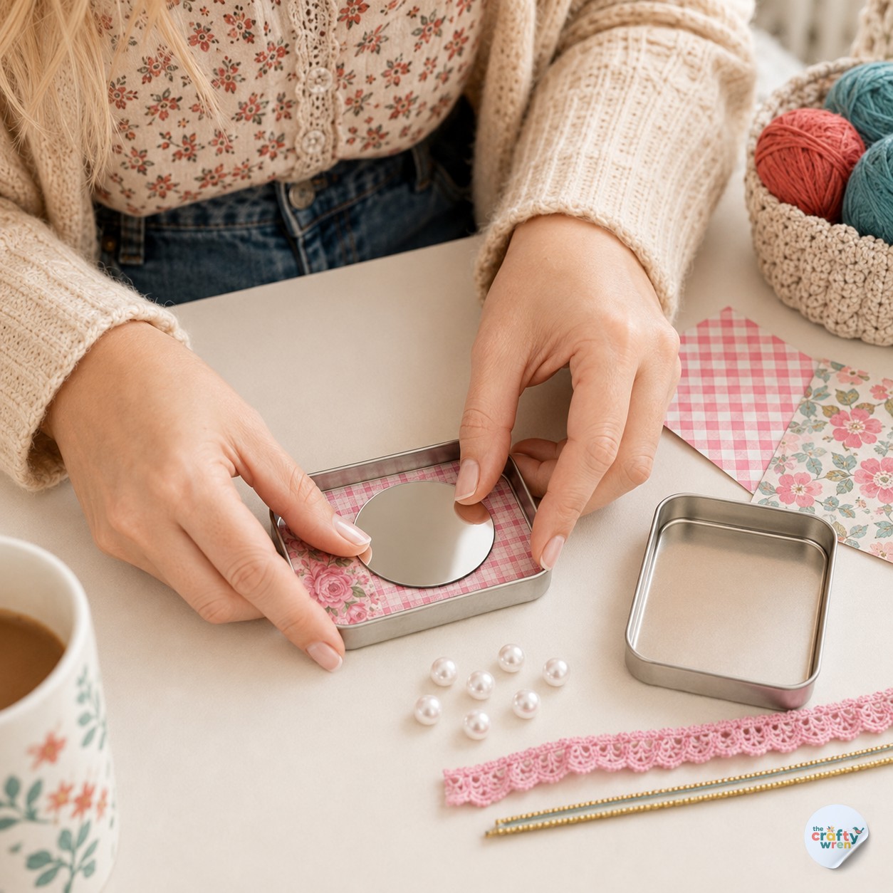 Positioning a mirror sticker inside the lid of an altoid tin makeup kit by hand