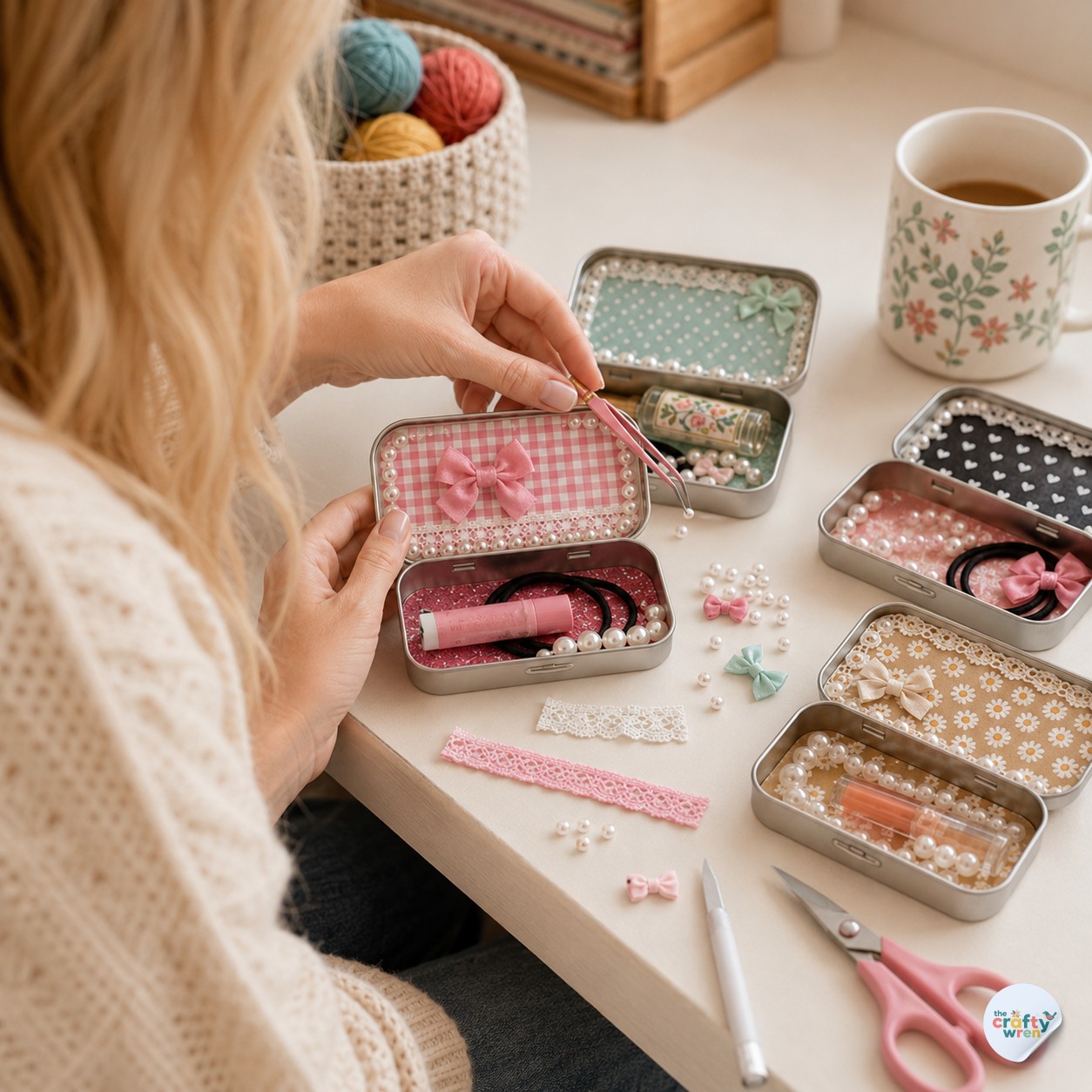 Adding pearls and a bow to an altoid tin makeup kit while several tins sit open on a table
