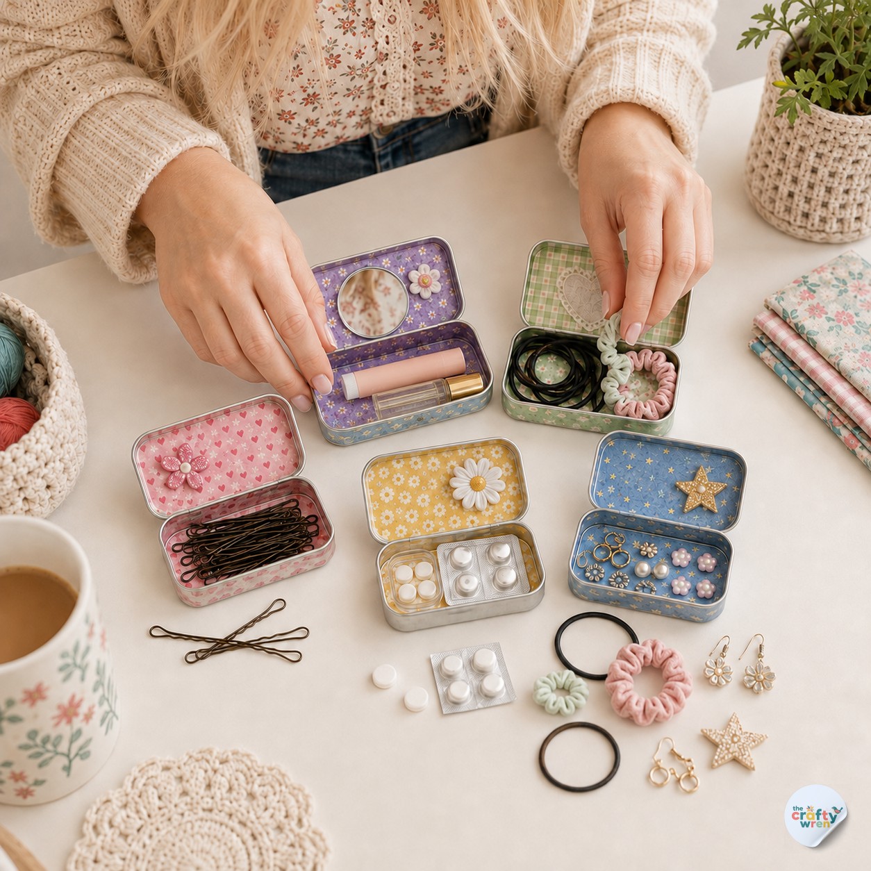 Sorting jewelry, hair ties, and bobby pins to fill several altoid tin makeup kit organizers