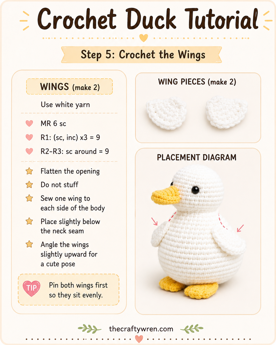 Two flattened white wing pieces beside a duck showing wing placement for the amigurumi duck pattern