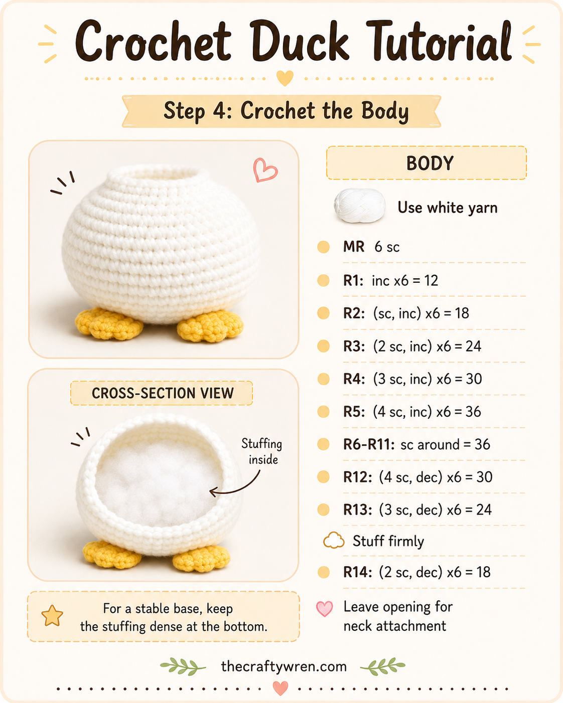 Cross-section of the stuffed white body showing dense filling for this amigurumi duck pattern