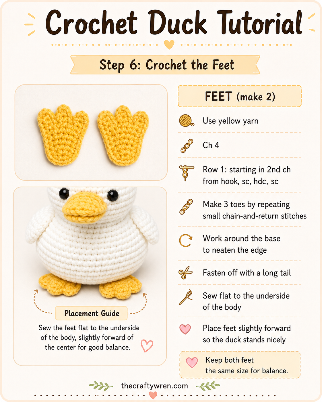 Yellow crocheted webbed feet with three toes, a key detail in this amigurumi duck pattern