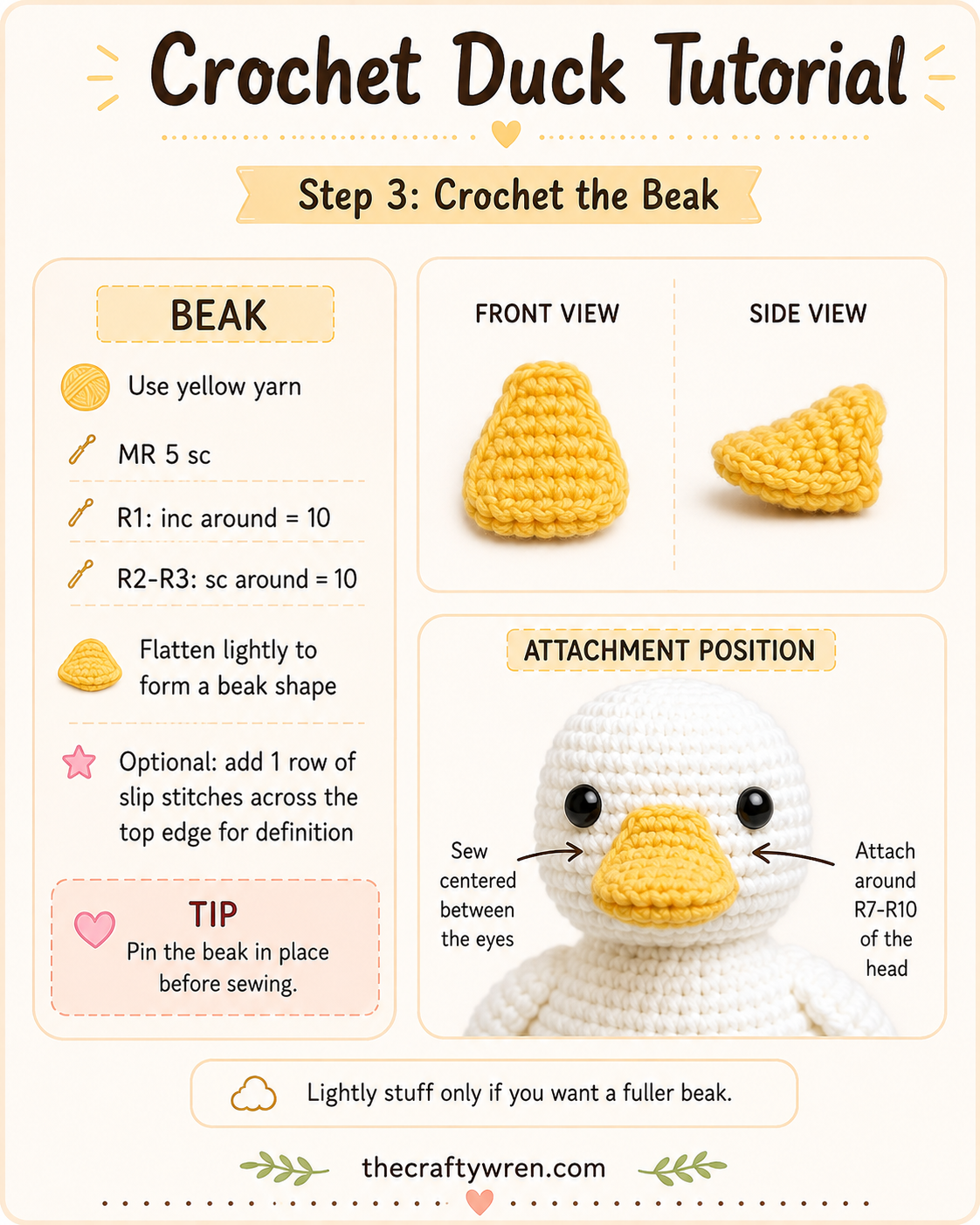 Front and side view of a yellow crocheted beak piece used in this amigurumi duck pattern