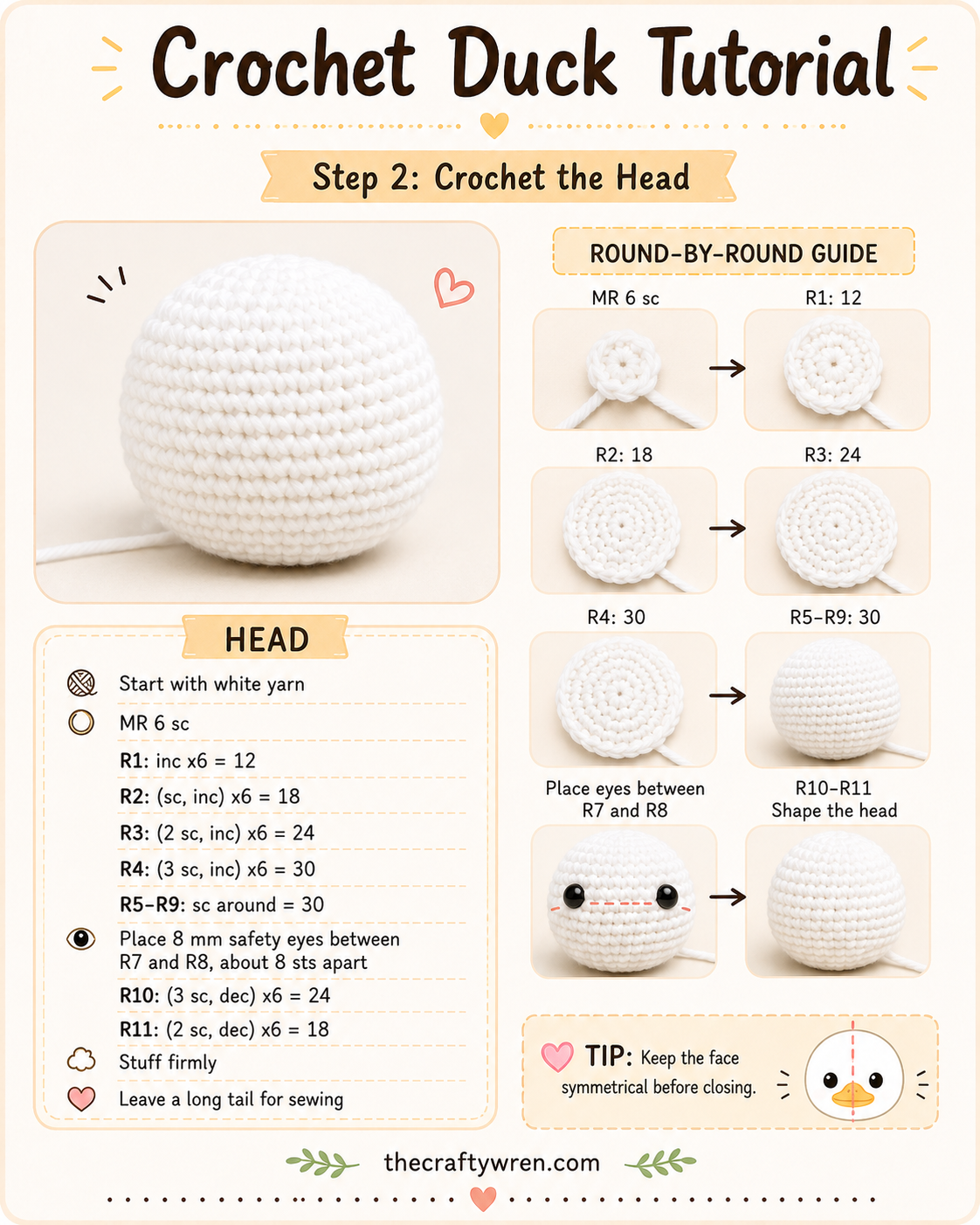 Round-by-round guide showing the crocheted white head for an amigurumi duck pattern before stuffing