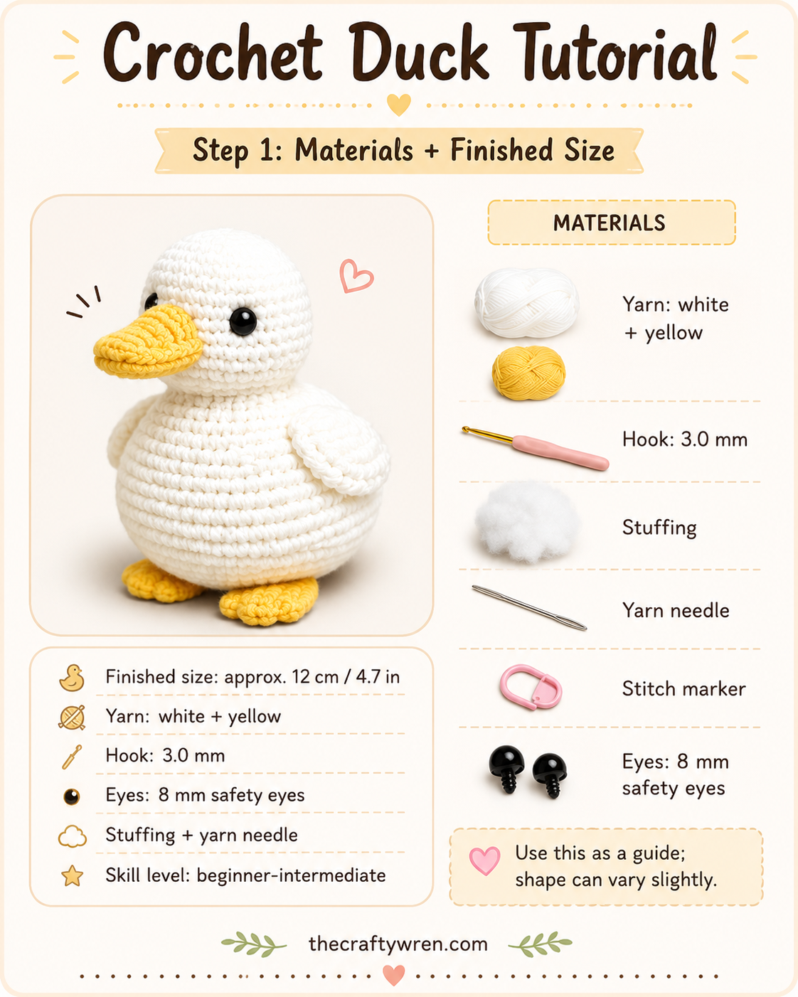 Flat lay of materials for an amigurumi duck pattern including white and yellow yarn, hook, and safety eyes