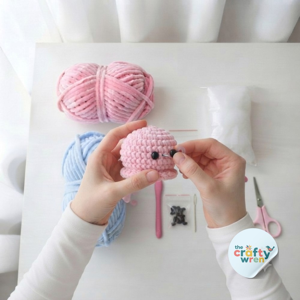 Black safety eyes being pushed through pink crocheted fabric while building this amigurumi octopus crochet pattern's face