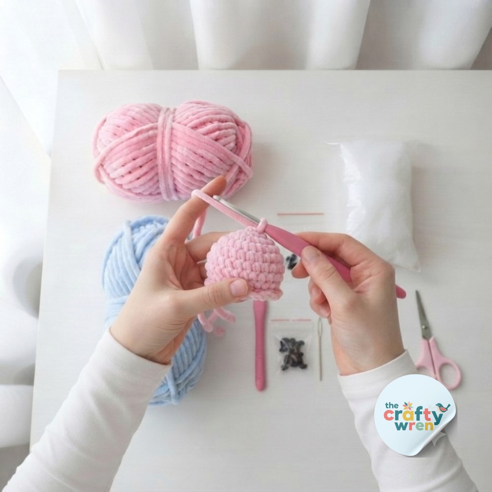 Close-up of increasing rounds shaping a golf-ball sized pink dome for the amigurumi octopus crochet pattern head