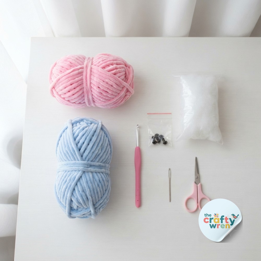 Flat lay of pink and blue chunky yarn, hook, and eyes needed for an amigurumi octopus crochet pattern before stitching begins