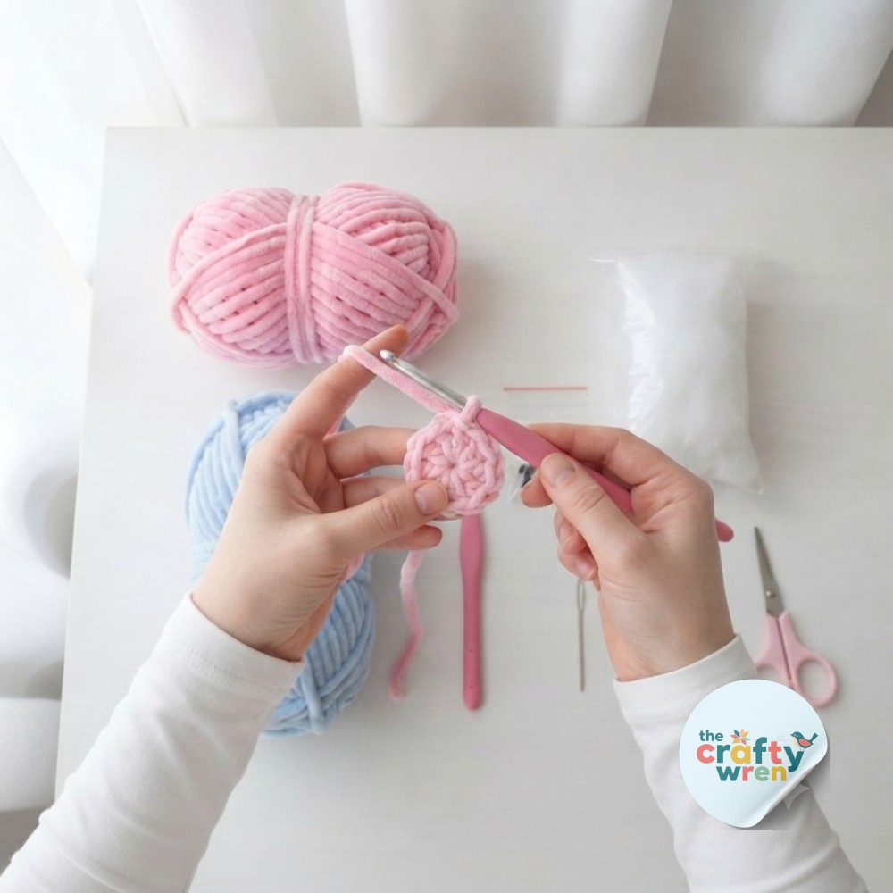 Hands forming a magic ring in pink yarn, the very first step of this amigurumi octopus crochet pattern's rounded head