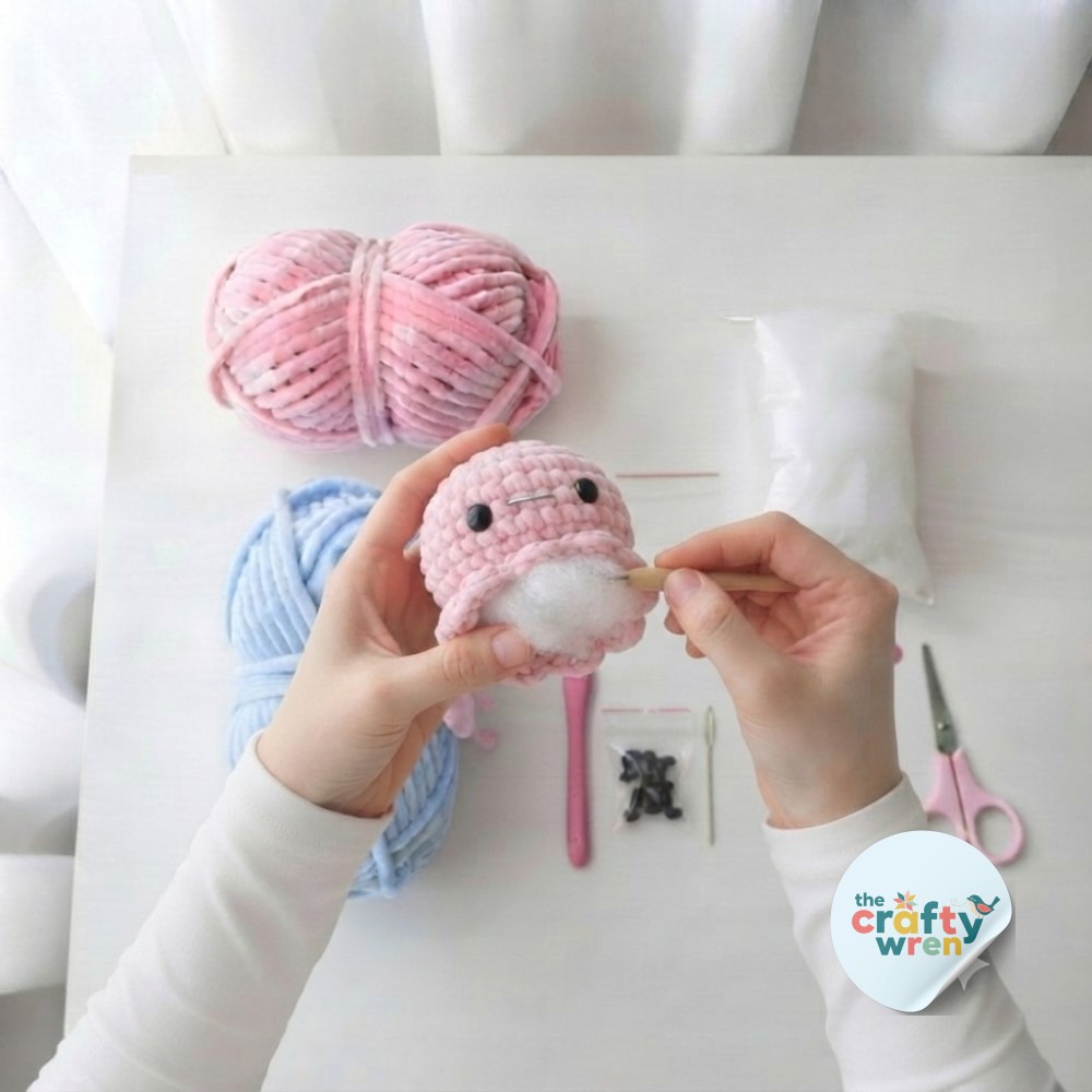 Fingers stuffing the pink amigurumi octopus head firmly with fiberfill through the still-open base of the body