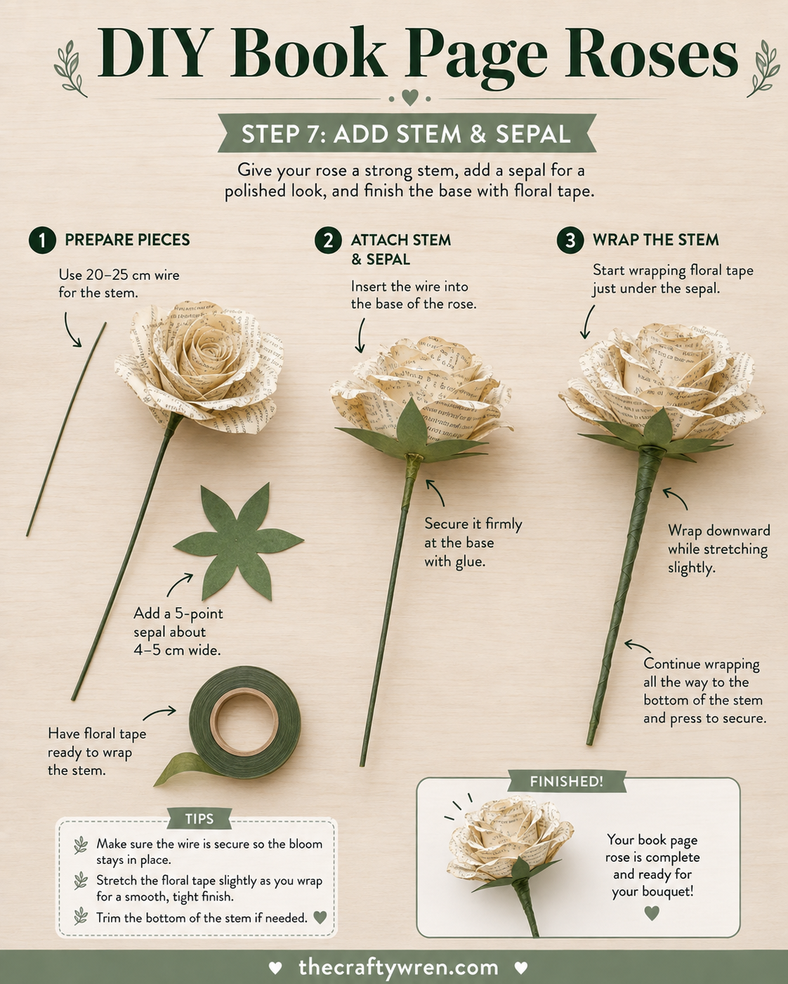 Wrapping green floral tape down a wired stem to finish a single book page paper rose
