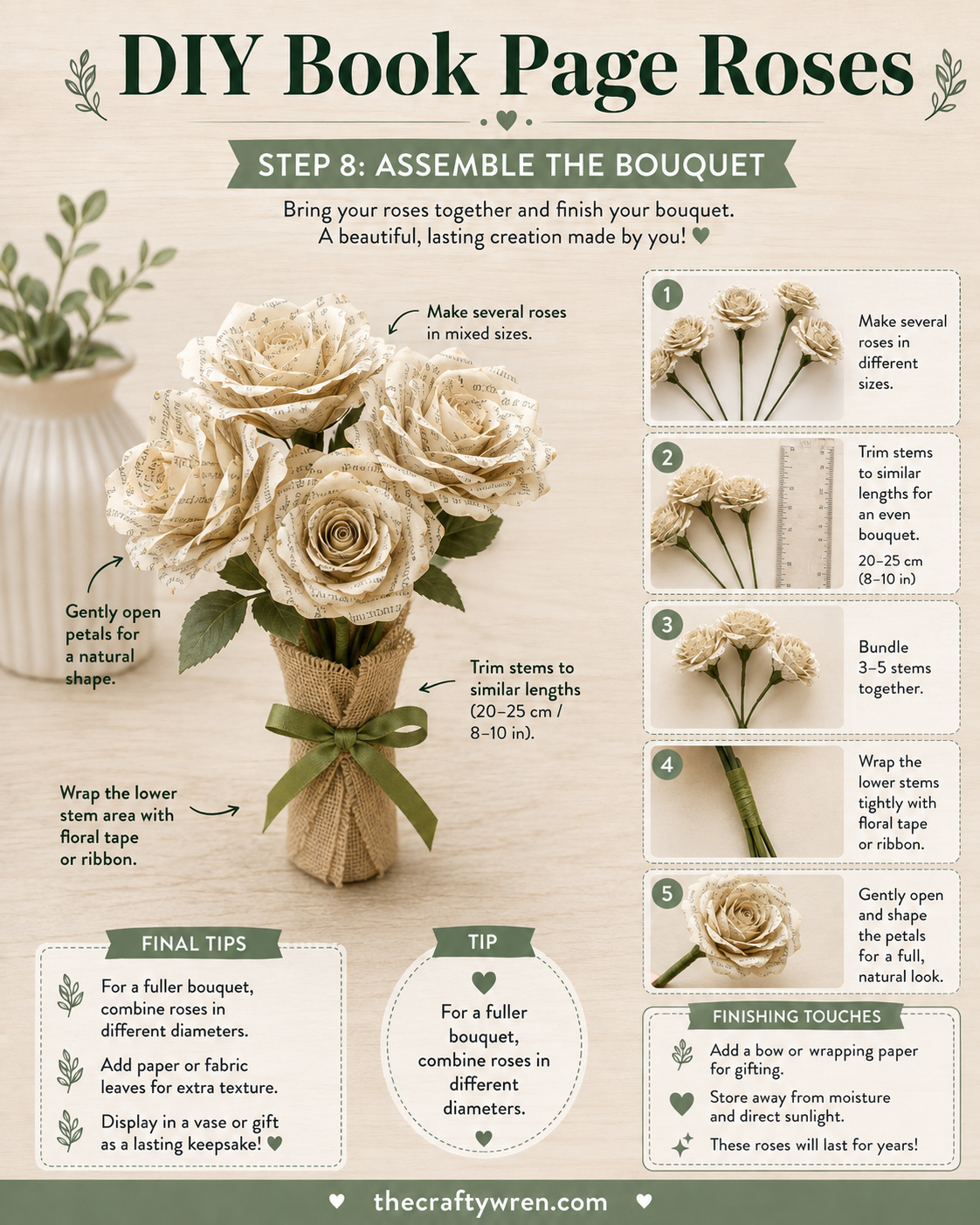 A finished bouquet of book page paper roses tied with ribbon and displayed in a small vase
