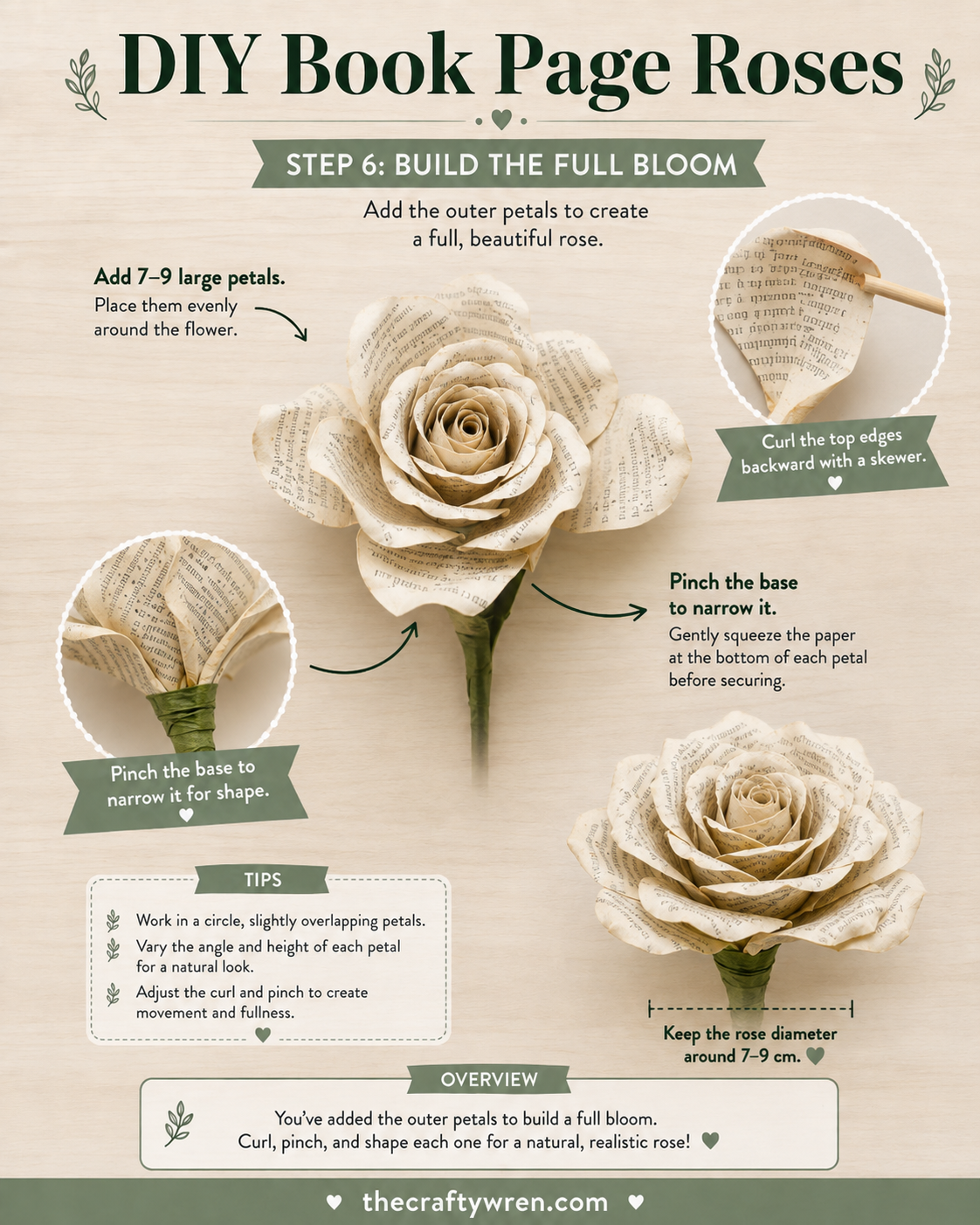 A fully bloomed book page paper rose with curled outer petals and a pinched, natural base