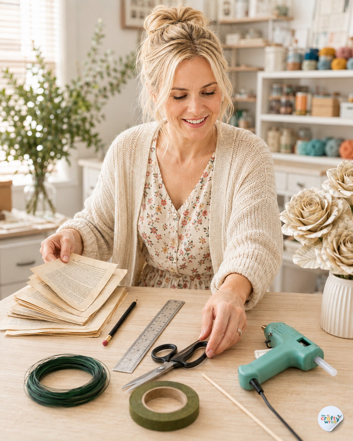 Woman sorting old book pages and craft supplies at a table while preparing book page paper roses