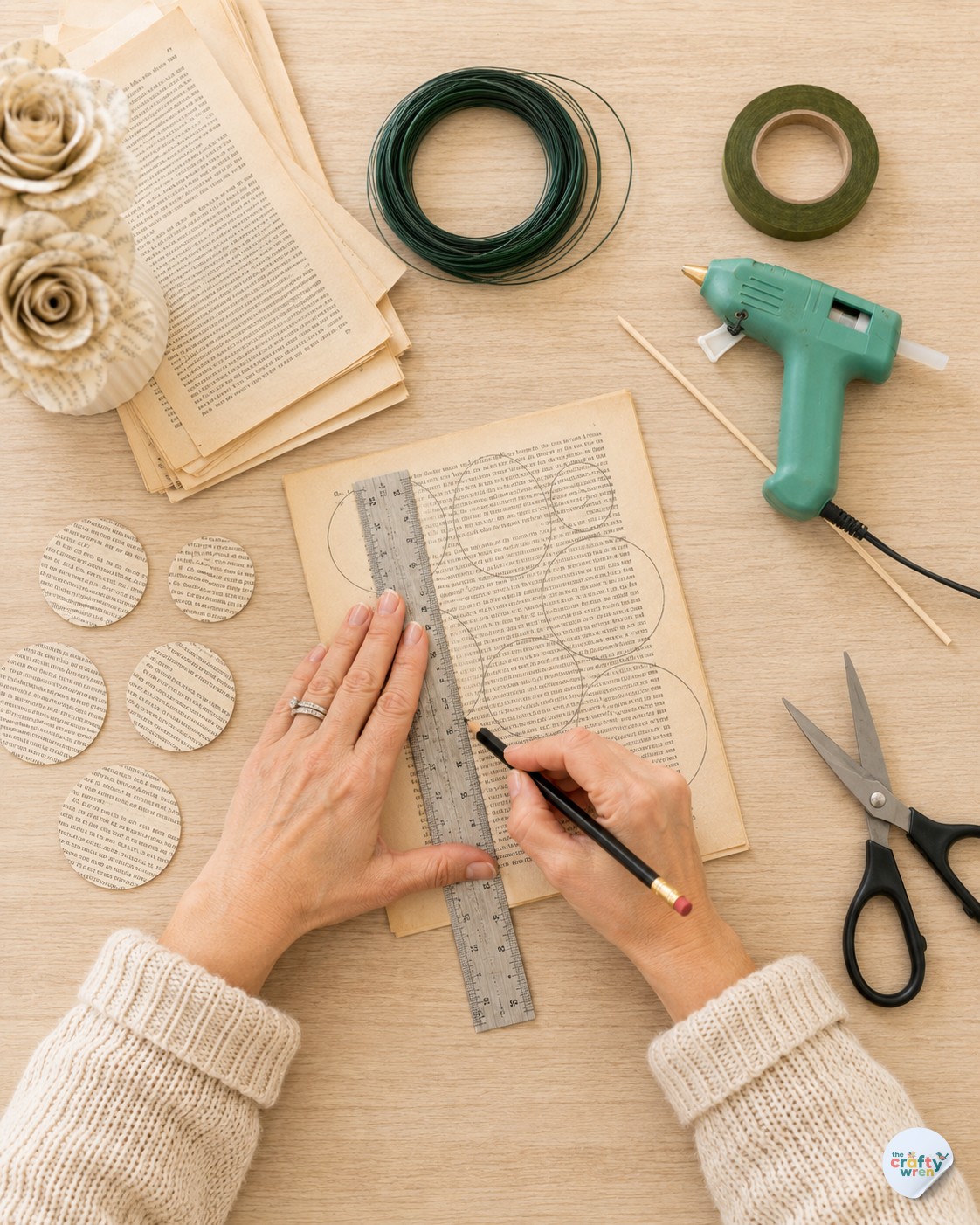 Close-up of hands tracing petal circles with a ruler and pencil on a book page for paper roses