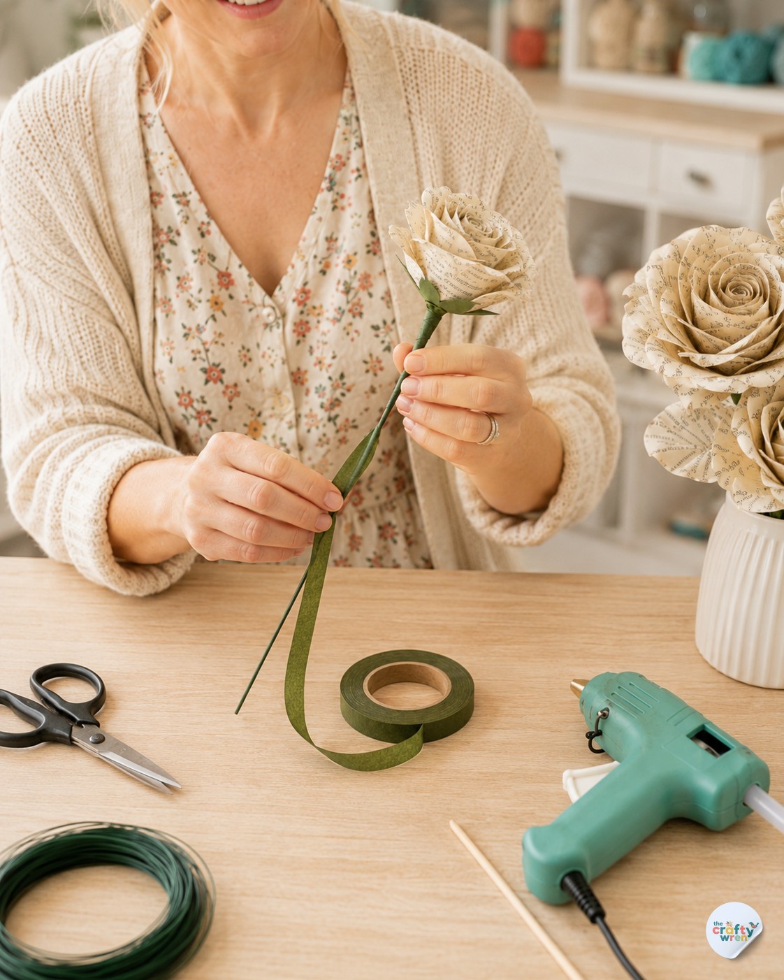 Wrapping green floral tape around the stem of a finished book page paper rose