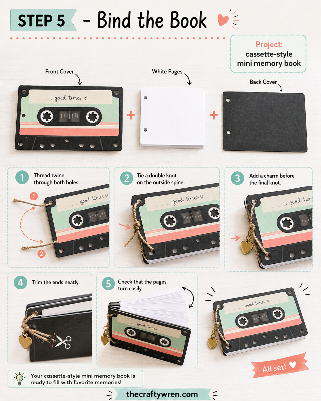 Threading twine and a heart charm to bind the spine of a cassette tape flipbook gift