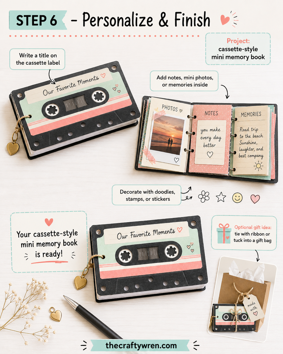 Finished cassette tape flipbook gift open to a page with photos, notes, and handwritten memories