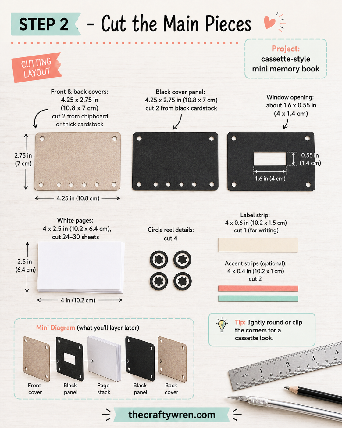 Cutting layout showing precise measurements for a cassette tape flipbook gift's covers and pages