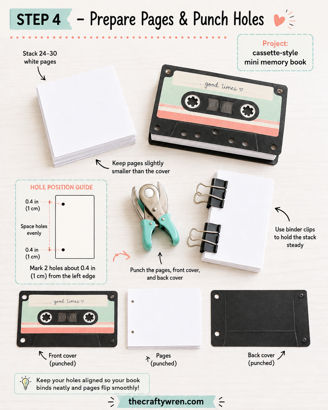 Punching aligned binding holes through pages and covers for a cassette tape flipbook gift