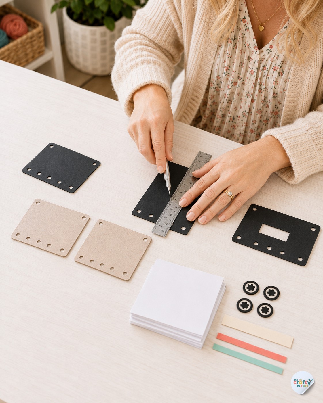 Ruler and craft knife measuring the window cutout for a cassette tape flipbook gift