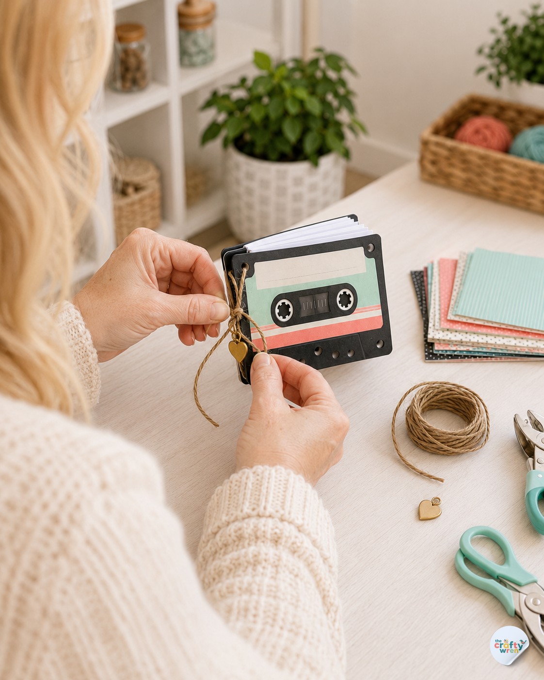 Tying twine and a heart charm onto the spine of a cassette tape flipbook gift