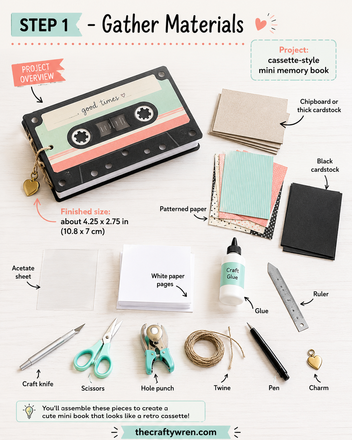 Flat lay of supplies needed for a cassette tape flipbook gift including cardstock, twine, and a charm