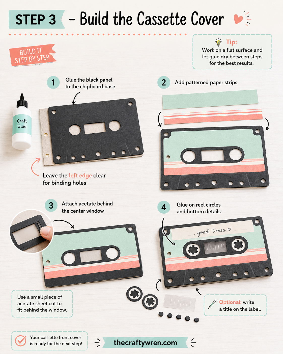 Hands building the cassette cover for a cassette tape flipbook gift with patterned paper strips