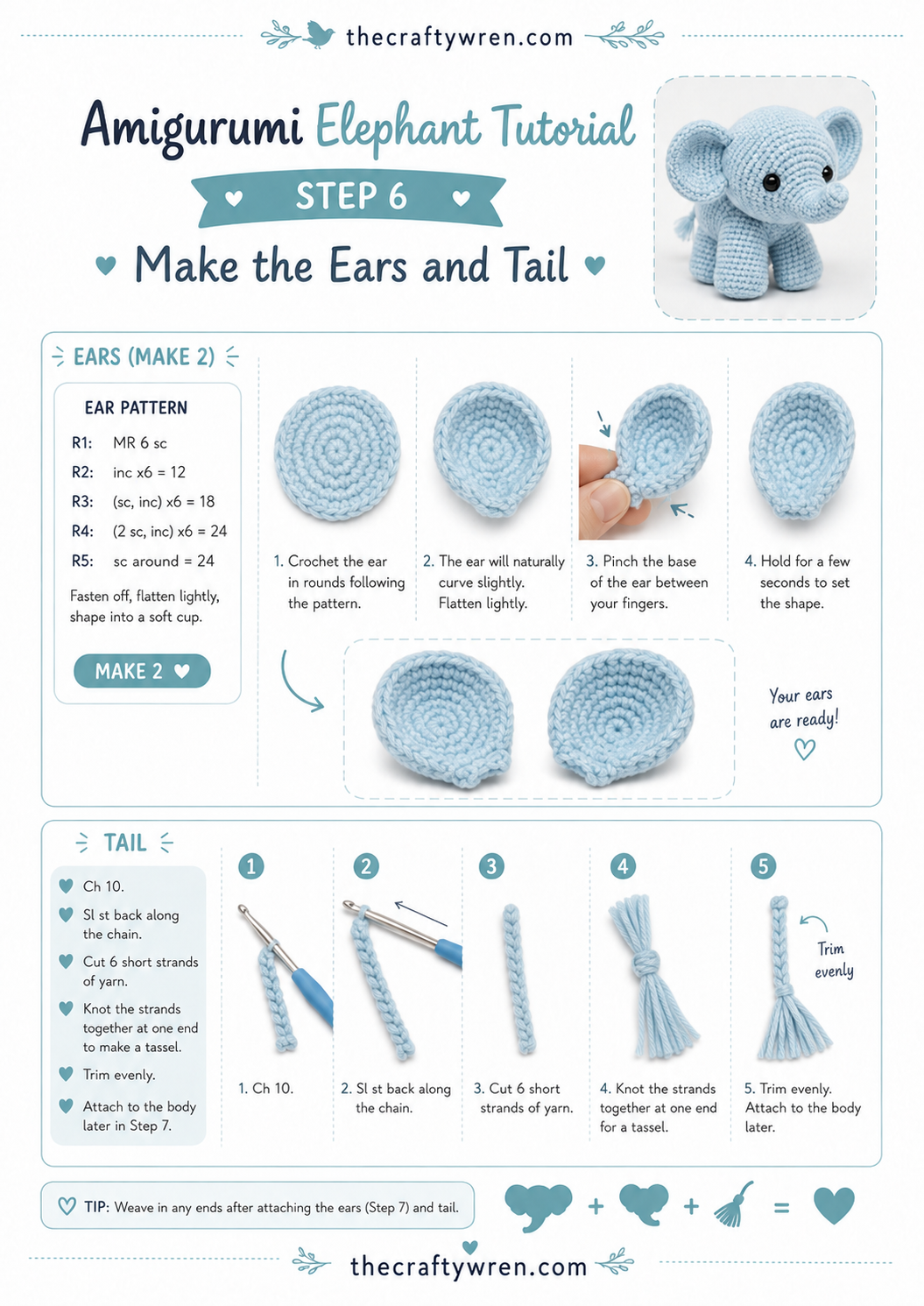 Ears and tassel tail pieces finished for the crochet amigurumi elephant