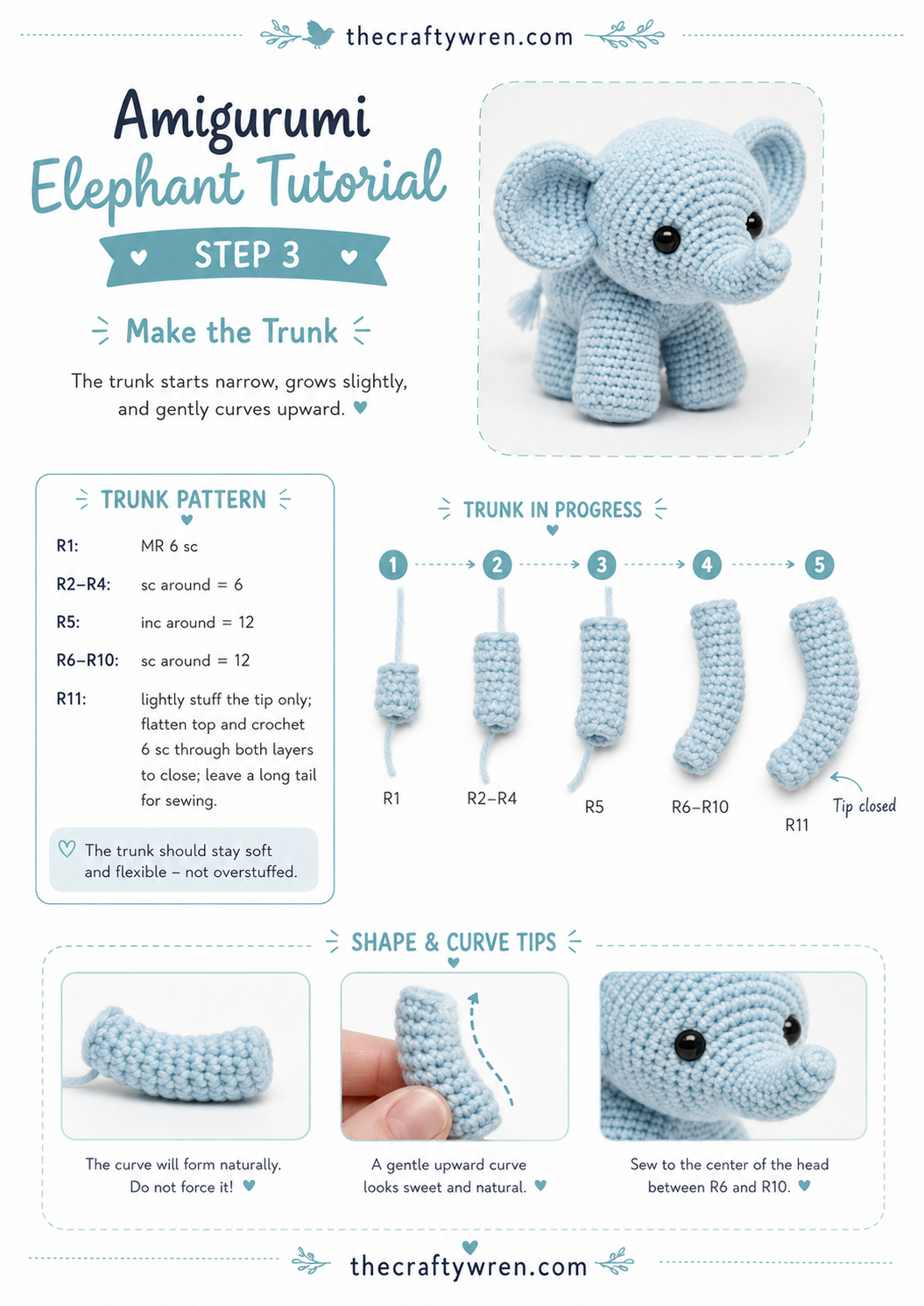 Step-by-step trunk pieces in progress for the crochet baby elephant amigurumi