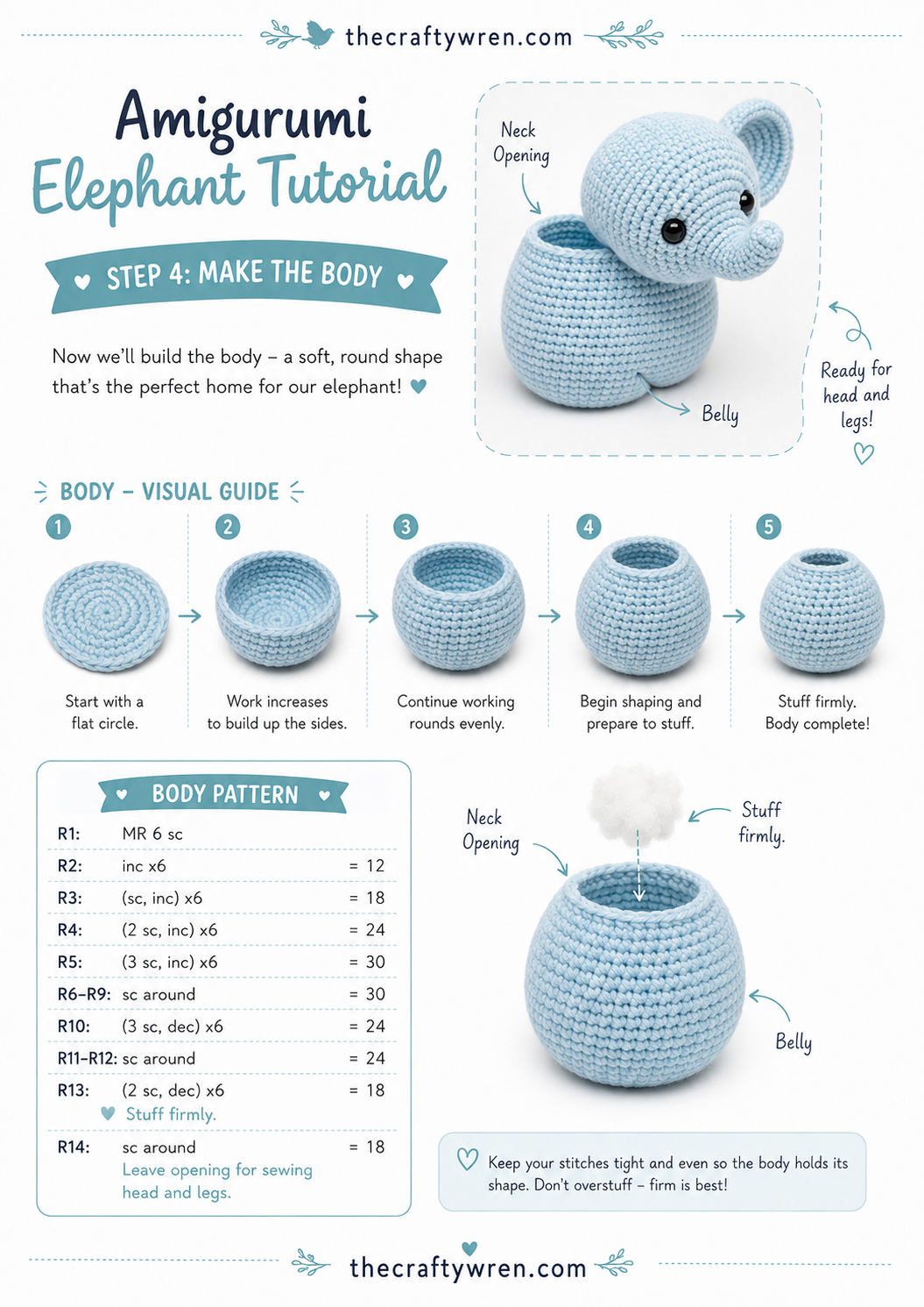 Crocheted body pieces with neck opening for the amigurumi elephant project