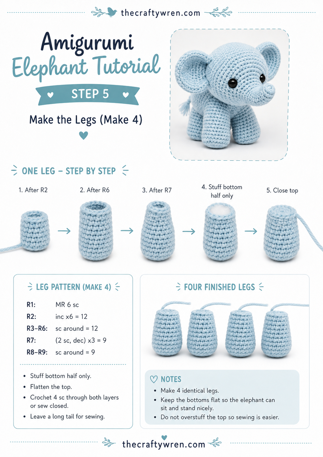 Four matching crocheted legs stuffed and ready for the baby elephant amigurumi
