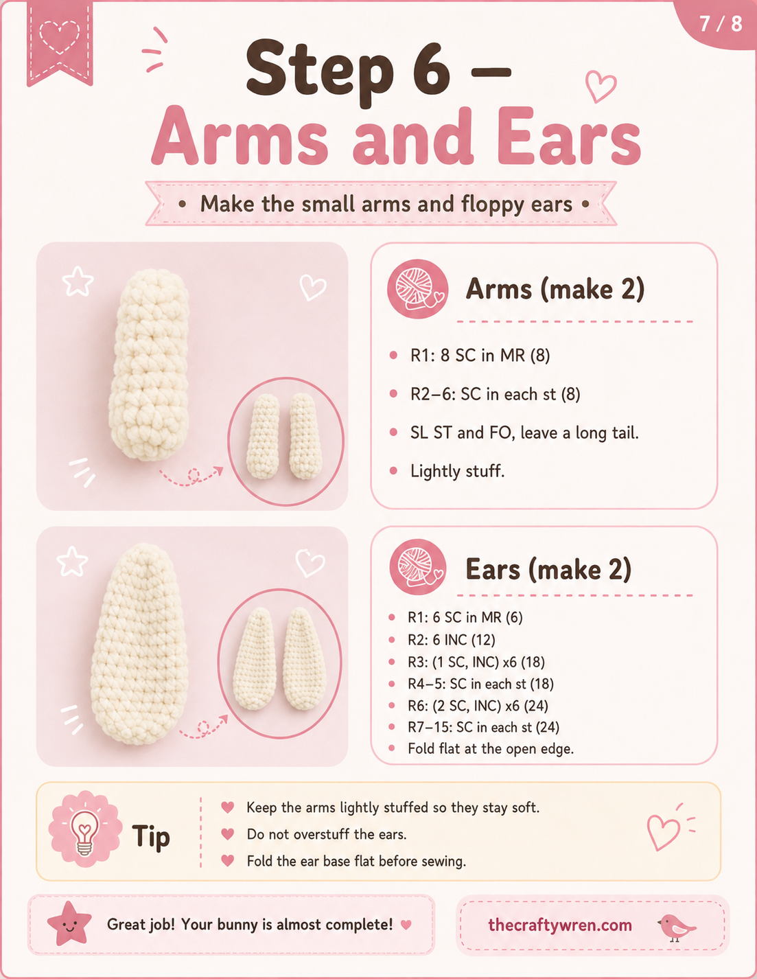 Small arms and floppy ears ready for sewing onto this crochet bunny amigurumi pattern