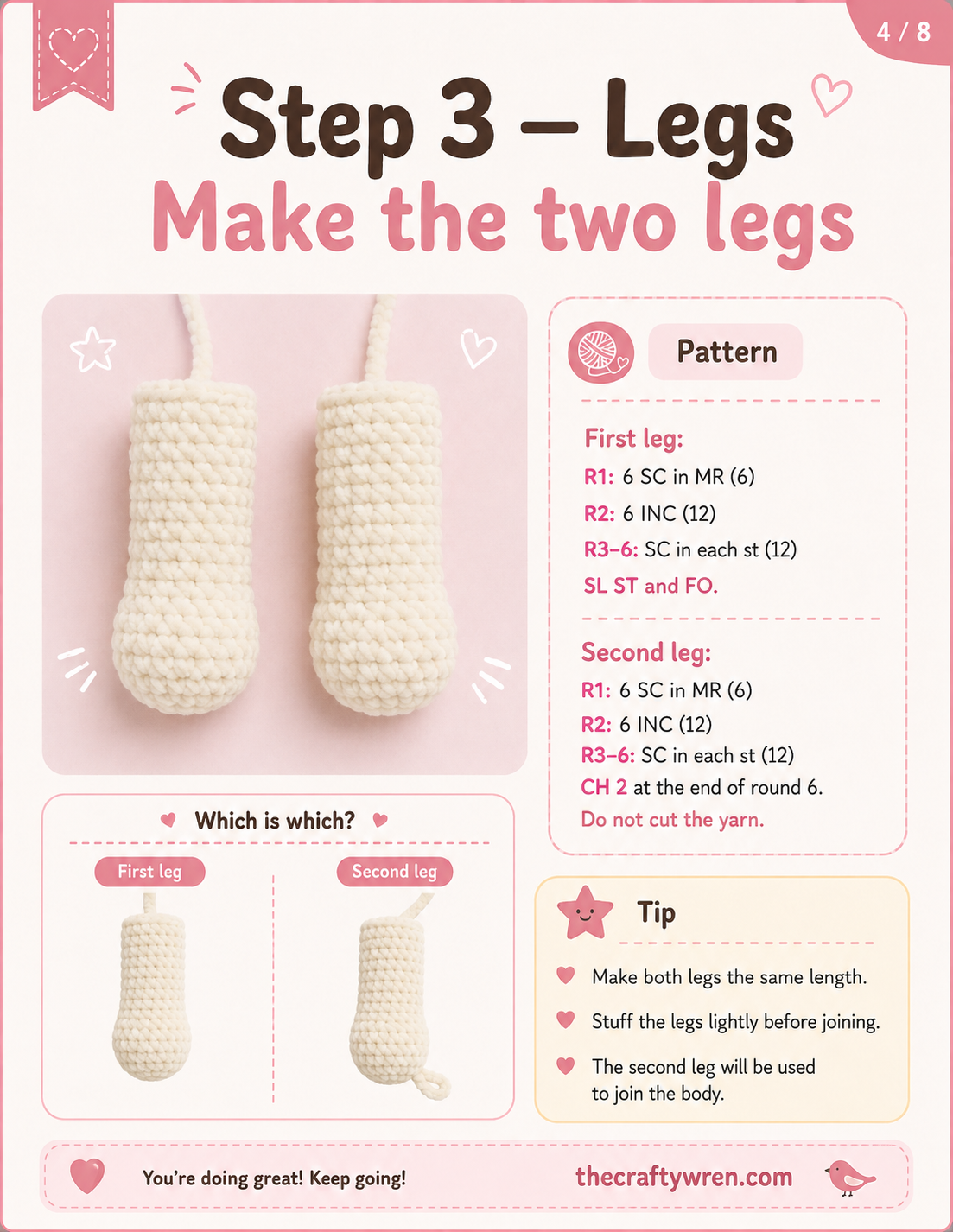 Two matching legs crocheted in cream chenille yarn for this crochet bunny amigurumi pattern