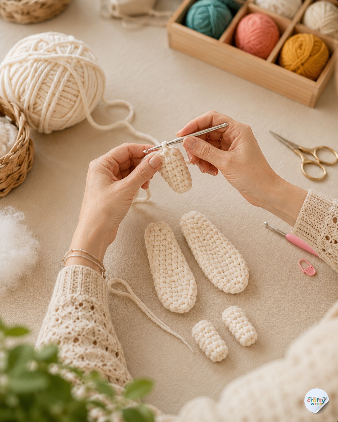 Comparing finished arm and ear pieces for size before assembly on this crochet bunny amigurumi pattern