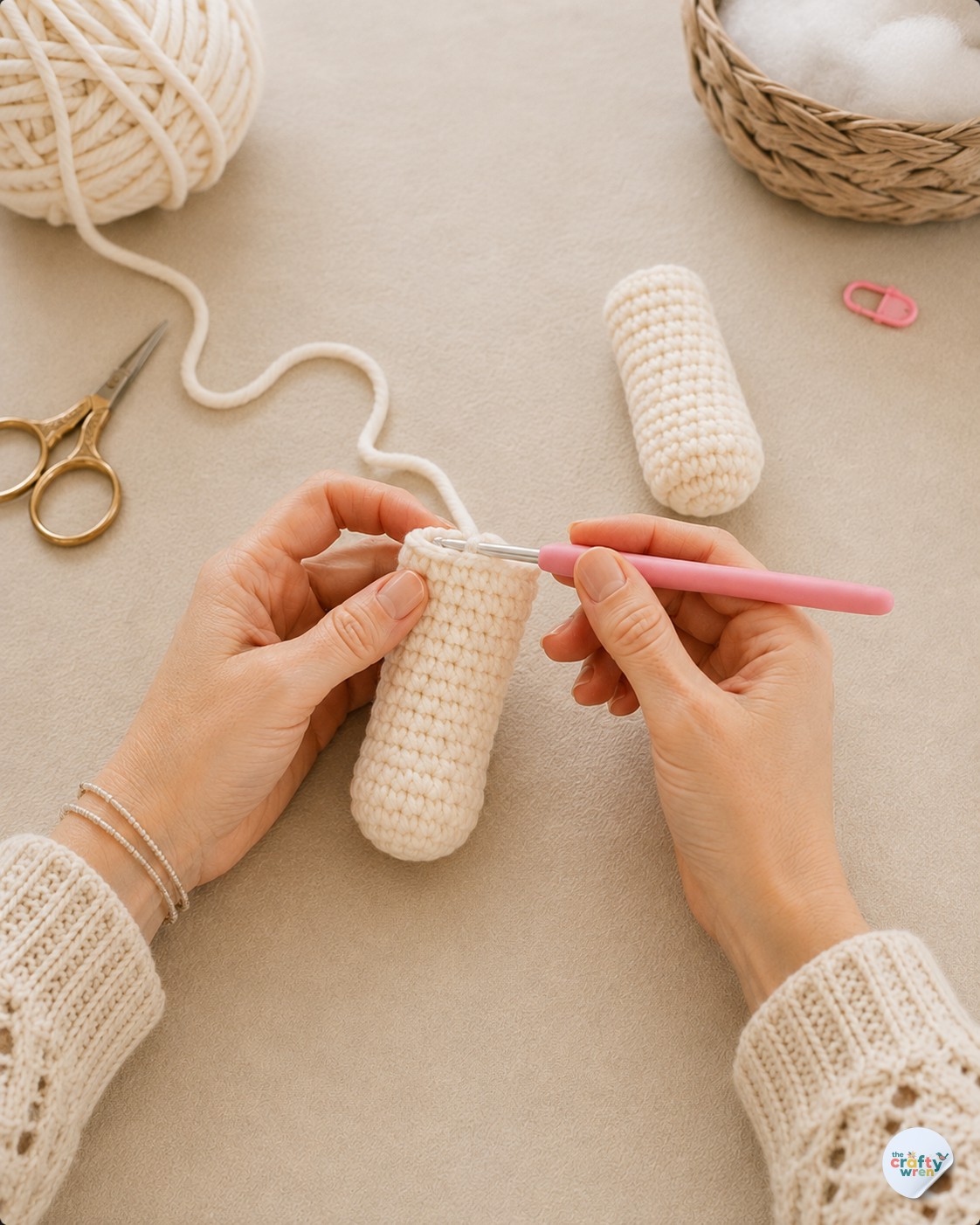 Crocheting a single leg piece for this crochet bunny amigurumi pattern in cream chenille