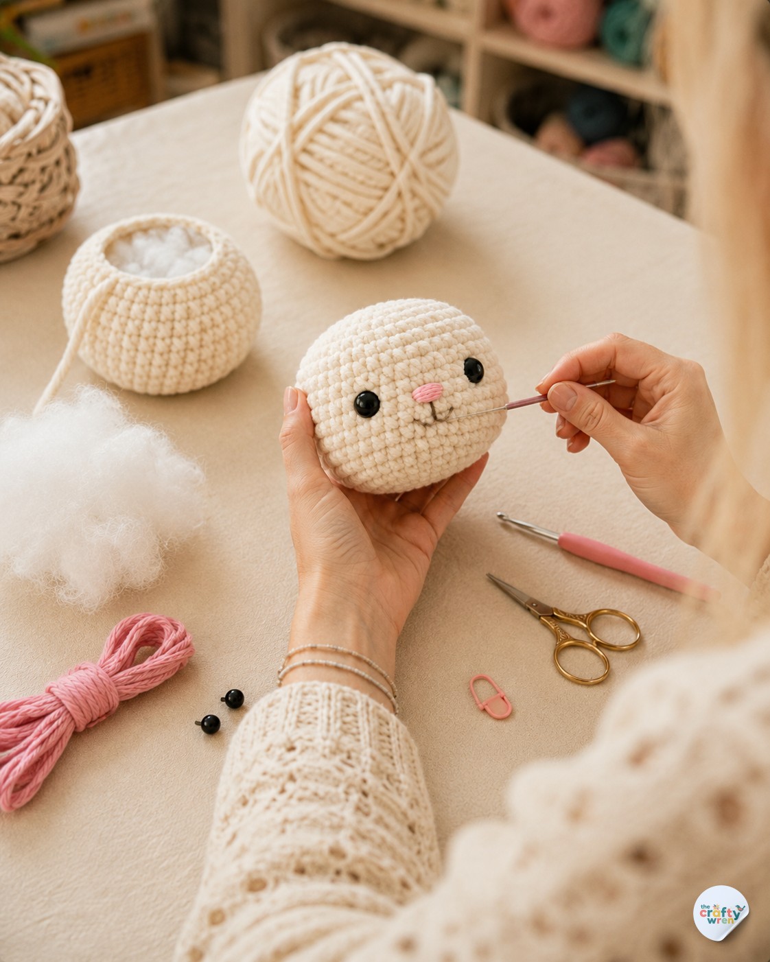 Embroidering the pink nose onto the bunny head for this crochet bunny amigurumi pattern