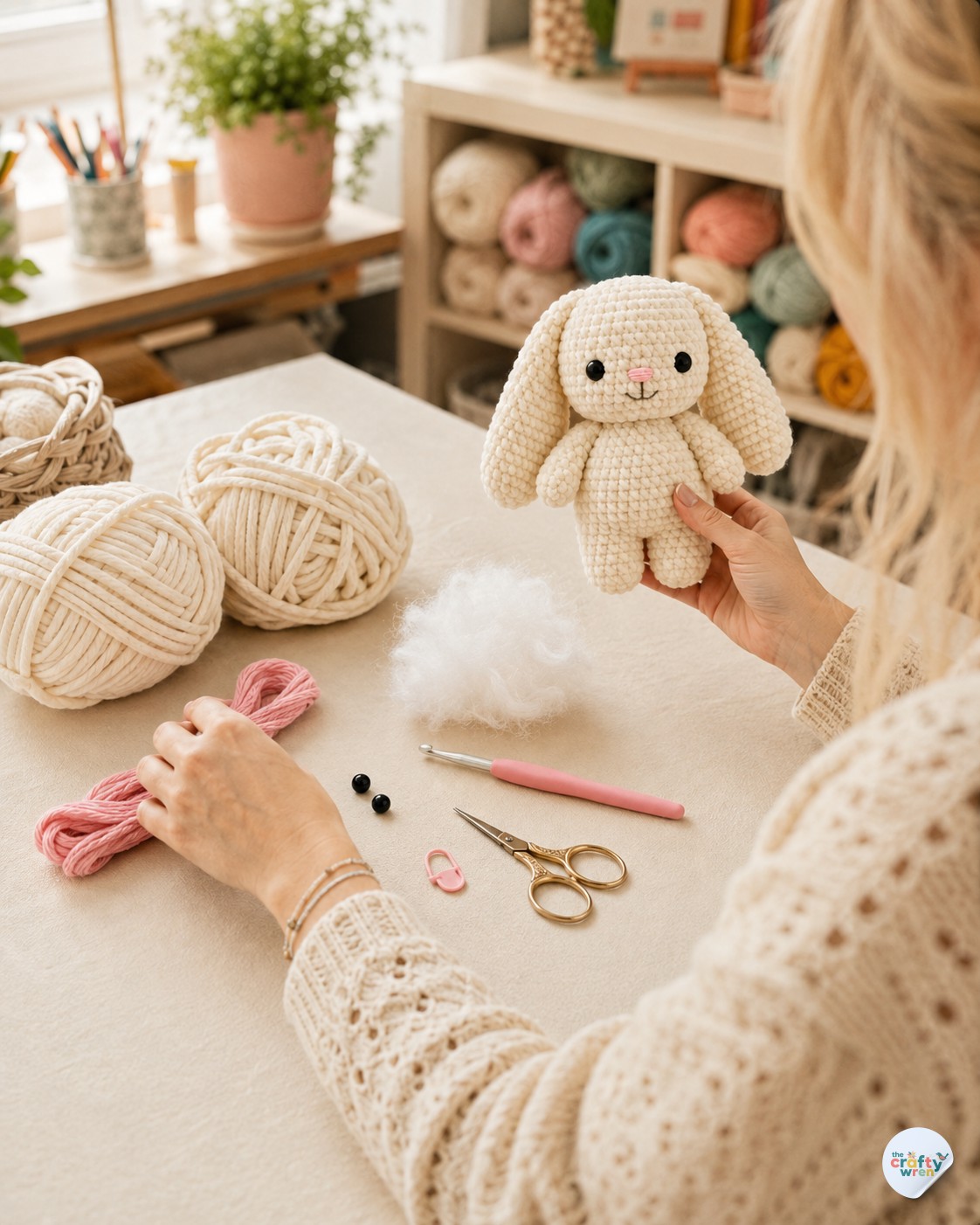 Holding the finished crochet bunny amigurumi pattern above the craft table with yarn and tools nearby
